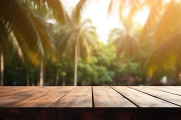 Wooden table top with blurred background