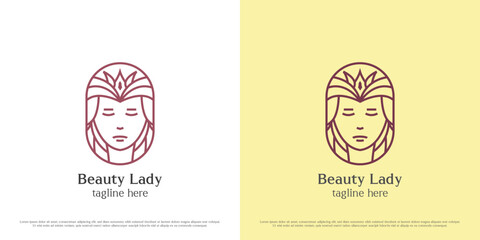 Beauty lady logo design illustration. Silhouette of female beauty queen hair salon facial care spa people. Simple icon hairstyle frame feminine peace symbol elegant luxury simple fashion lifestyle. - obrazy, fototapety, plakaty