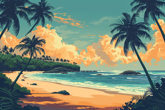 a retro-style poster illustration of a beach scene, palm trees, shoreline, depicting a sense of relaxation and bliss
