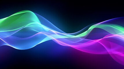 Naklejka premium Neon light line motion effect. Light blue, purple and green abstract sound waves with glowing effects. 3d illustration for background. Isolated in a black background. Created with Generative AI.