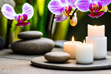 Fototapeta na wymiar Tranquil Spa Scene Featuring Orchid, Zen Stones, and Candle for Relaxation and Wellness with a Touch of Nature's Beauty