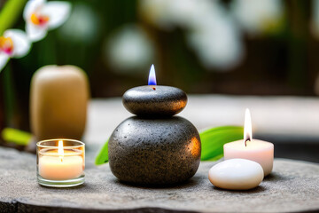 Obraz na płótnie Canvas Tranquil Spa Scene Featuring Orchid, Zen Stones, and Candle for Relaxation and Wellness with a Touch of Nature's Beauty