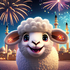 eid adha mubarak with sheep an fireworks and on background 