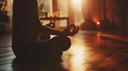 A serene indoor scene showing a person practicing meditation or mindfulness, with soft