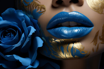 Abstract background with blue color rose flower. Woman's face with blue lipstick and golden color face paint. love and fashion concept