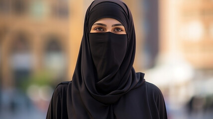 Portrait of a Muslim woman wearing a niqab.