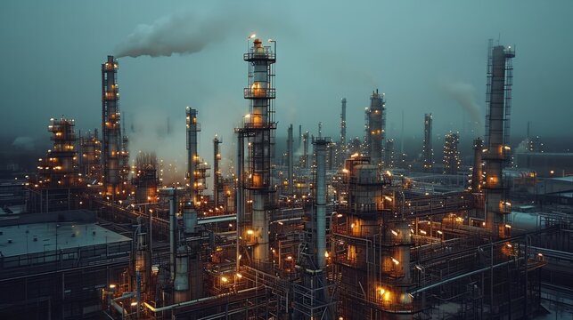 Dusk view of an industrial refinery with lit-up towers, pipes, and smoke against a moody sky.