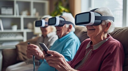 A heartwarming photo of elderly individuals engaging in modern technology, like using a smartphone or virtual reality headset, breaking stereotypes about age and technology - obrazy, fototapety, plakaty