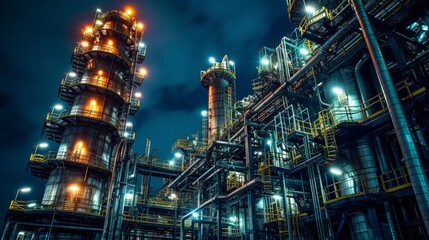 Illuminated industrial complex at night, showcasing modern engineering and energy infrastructure.