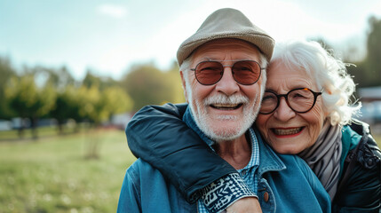 A sprightly senior couple are embracing each other in true love, enjoying the serenity of nature and expressing their bond. - obrazy, fototapety, plakaty