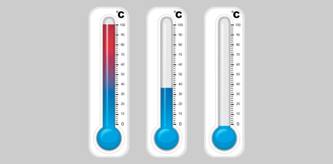 Set Of Realistic Thermometers With Measuring Heat And Cold Vector Illustration.	

