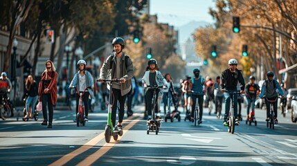 A dynamic street-level photo of a diverse group of people using electric scooters, bicycles, and skateboards on a city bike lane, emphasizing sustainability and modern urban transport - obrazy, fototapety, plakaty