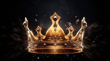A_regal_and_elegant_golden_crown_hangs_in_mid-air on a black background - obrazy, fototapety, plakaty