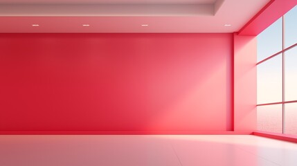 Empty Elegance, Wood Floor, Red Wall Scene. Generative AI