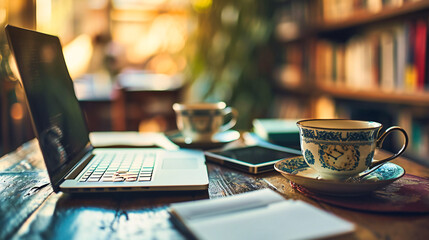 Cozy home workspace with a vintage coffee cup, creating a warm and inviting business environment.