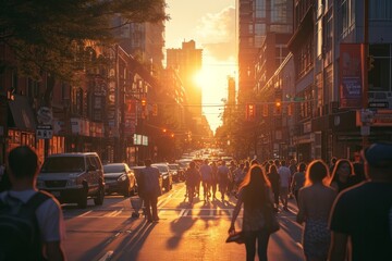 Eye-level angle, bustling city street, summer, golden hour lighting, evening, clear climate, vibrant and lively mood