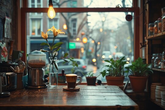 Cozy cafe interior with espresso machines, jars of coffee beans, and warm sunlight filtering through the window.