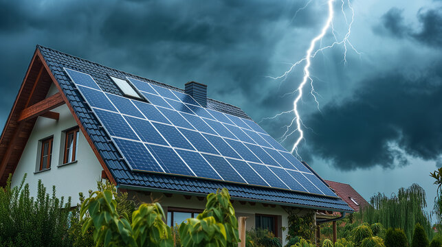 Residential house equipped with solar panels for renewable energy in a heavy thunderstorm with lightning