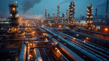 Fototapeta na wymiar Illuminated industrial oil refinery, complex pipeline network, twilight scene.