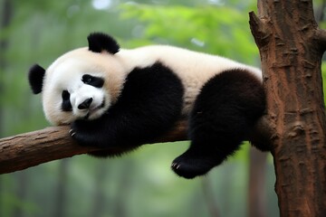 Obraz premium Peaceful giant panda lies comfortably atop a tree branch, showcasing the species' iconic black and white fur. 