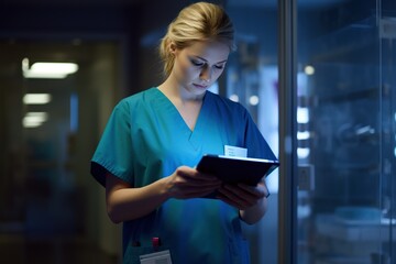 Dedicated nurse in scrubs is intently reviewing a patient's medical chart in a hospital corridor during a night shift.
