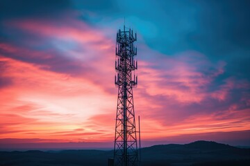 Digital communication tower at sunset, symbolizing digital infrastructure reach