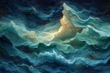 a very abstract protrait of undulating waves with soothing color, make the blue color all green