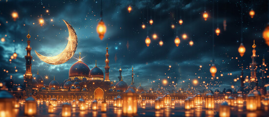 Ramadan Kareem. Eid Mubarak. Illustration of beautiful evening mosque, holiday, lights, bulbs, lanterns, crescent moon and fireworks for greeting card, banner or background