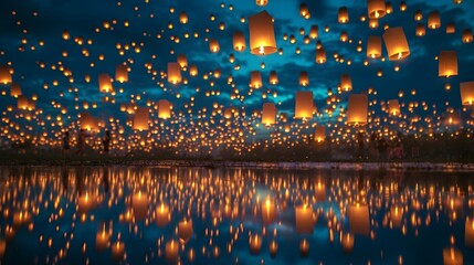 Sky Ablaze with Countless Floating Lanterns serene cultural festive night lantern trail, drops on the window - obrazy, fototapety, plakaty