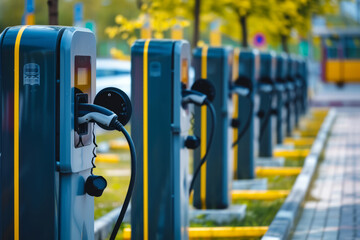 Modern fast chargers for charging electric vehicles at the parking. Generative AI
