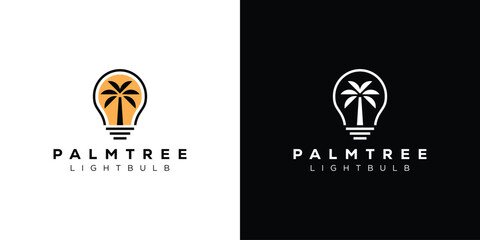 Creative Palm Tree Logo. Lightbulb and Palm Tree Sunset Sunrise with Minimalist Style. Resort Logo Icon Symbol Vector Design Template.