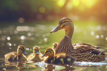 Mother duck and her ducklings in a pond. Generative AI - Powered by Adobe