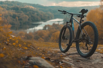 Fototapeta premium Mountain biking down hill descending fast on bicycle. Mountain bike. Generative AI