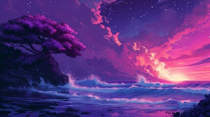 Fototapeta na wymiar Vibrant Violet Waves creating a pixelated dreamscape.