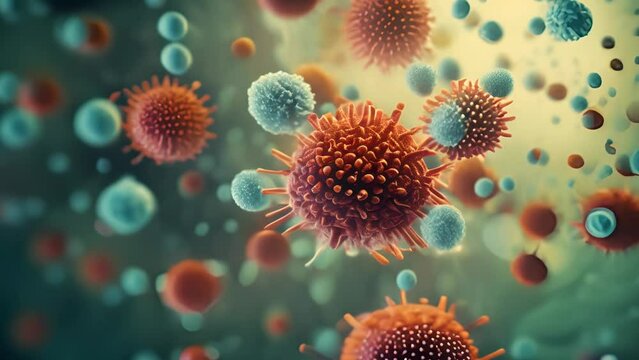 Viruses and leukocytes on a blue background under a microscope