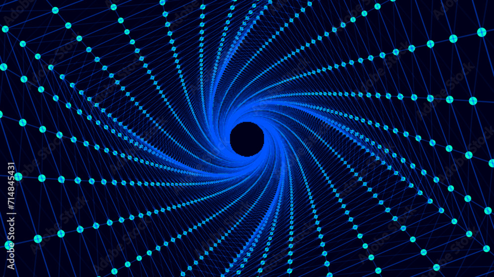 Poster Abstract 3d portal. Circle twisted tunnel or wormhole. Digital background with connected blue dots and lines. Vector illustration.