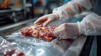 Fotobehang Close-up of hands packing meat with vacuum heat sealer for packing food in meat factory. © Oulaphone