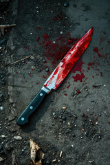 Close-up of a bloody knife lying on the ground - obrazy, fototapety, plakaty