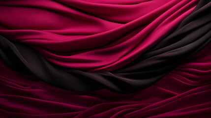The magenta colored wrinkled fabric contrasts with the black fabric. - obrazy, fototapety, plakaty