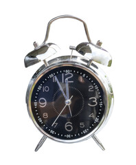 Black and silver alarm clock isolated with clipping path in png file format. 12 o'clock noon and lunch time reminder. Time concept