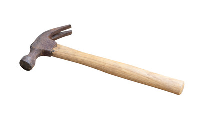 Small old hammer with wooden handle isolated on white background with clipping path