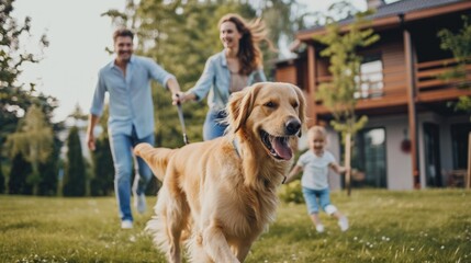 Happy family playing with happy golden retriever dog on the backyard lawn.