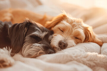 Two dogs snuggling together. Two adorable puppies sleeping together close up. Generative AI - obrazy, fototapety, plakaty