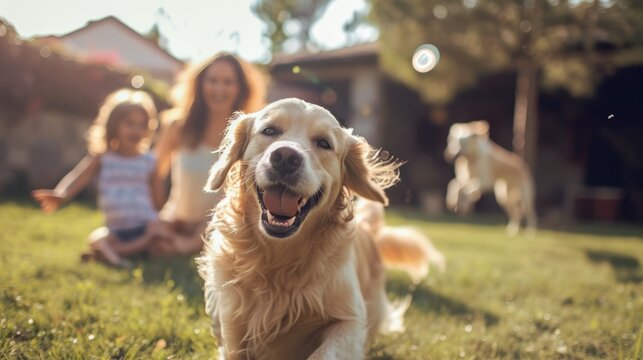 Happy family playing with happy golden retriever dog on the backyard lawn.