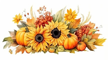 There is a painting of a pumpkin and sunflowers with leaves generative ai