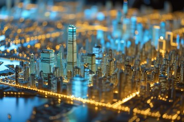 Digital city model displaying urban planning and real-time data.
