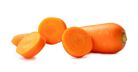 Front view of fresh beautiful orange carrot and slices with strange shape in stack isolated on...