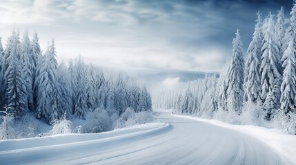 Obraz premium A winter scene with a road in the foreground and trees in the background Image