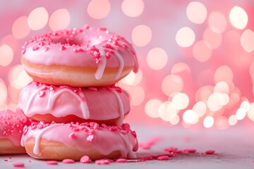 Pink donuts with sprinkle on bokeh background.