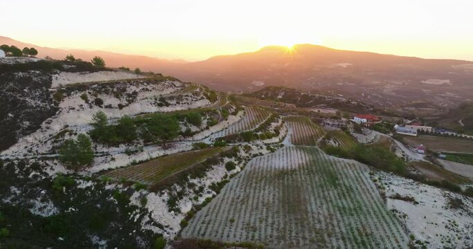Cypriot Sunset Splendor: Aerial Drone Views of Vineyards and Winemaking in Mountainous Landscapes. High quality 4k footage